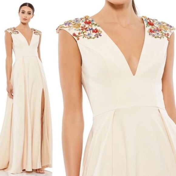 Mac Duggal Dresses & Skirts - Mac Duggal 26540 Ieena Beaded Cap Sleeve V Neck A Line Gown Dress Cream Size 4